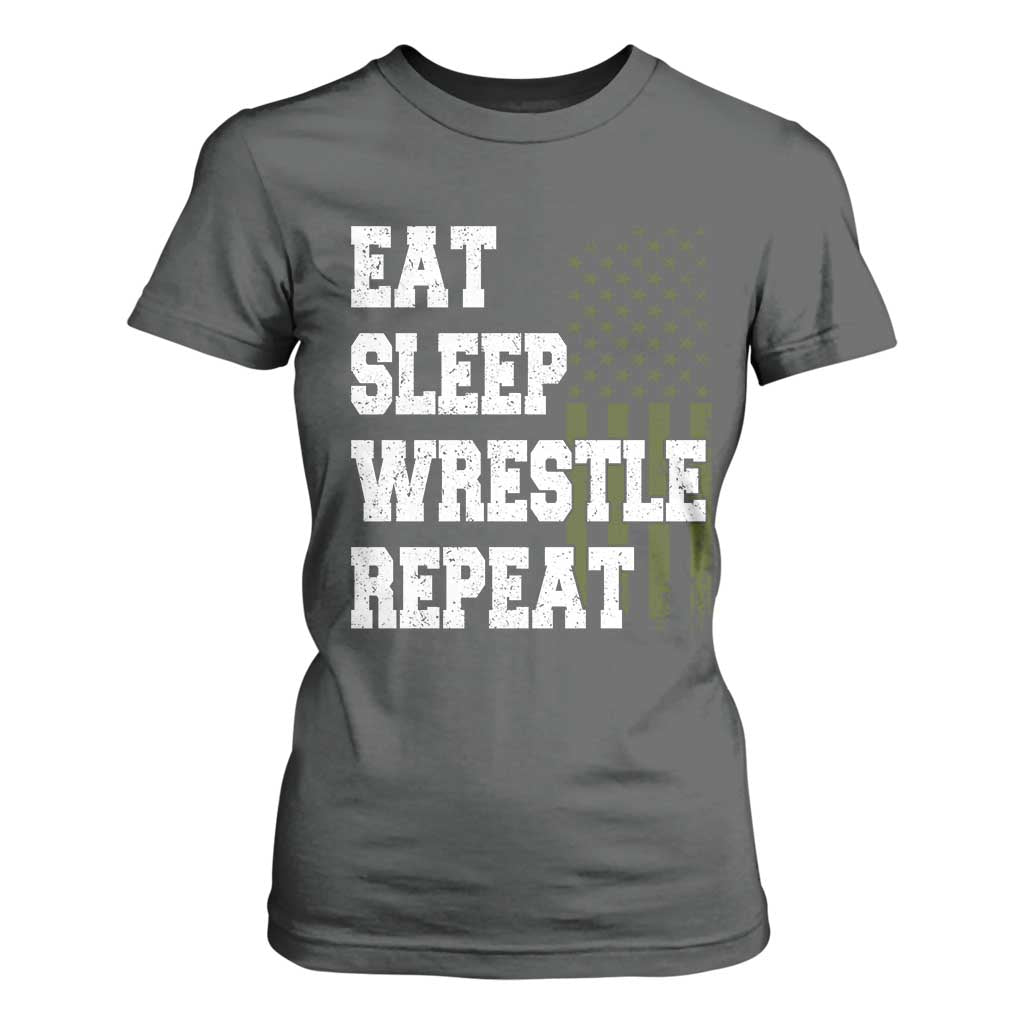 Eat Sleep Wrestle Repeat T Shirt For Women Funny Wrestling Gym American Flag TS10 Dark Heather Print Your Wear
