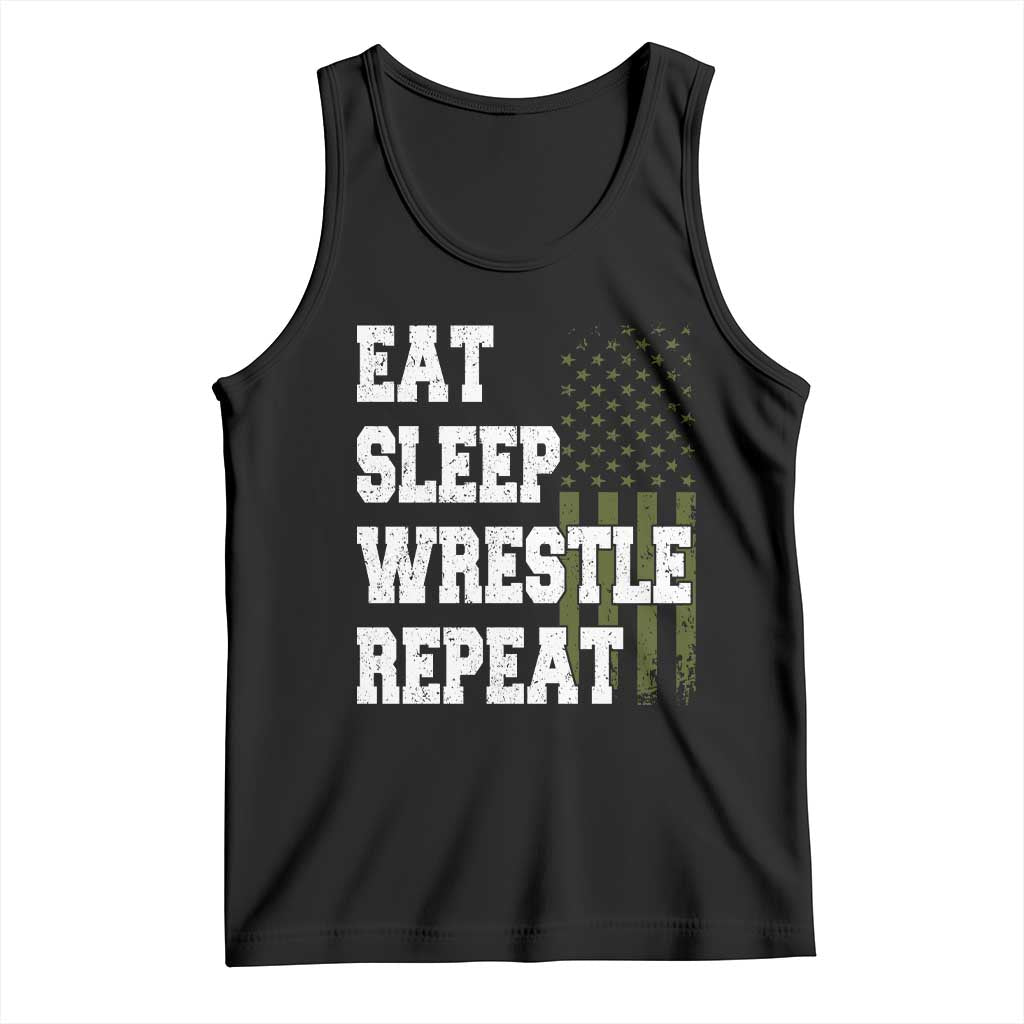 Eat Sleep Wrestle Repeat Tank Top Funny Wrestling Gym American Flag TS10 Black Print Your Wear