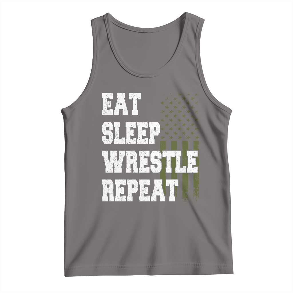 Eat Sleep Wrestle Repeat Tank Top Funny Wrestling Gym American Flag TS10 Deep Heather Print Your Wear
