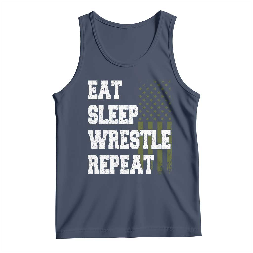 Eat Sleep Wrestle Repeat Tank Top Funny Wrestling Gym American Flag TS10 Navy Print Your Wear