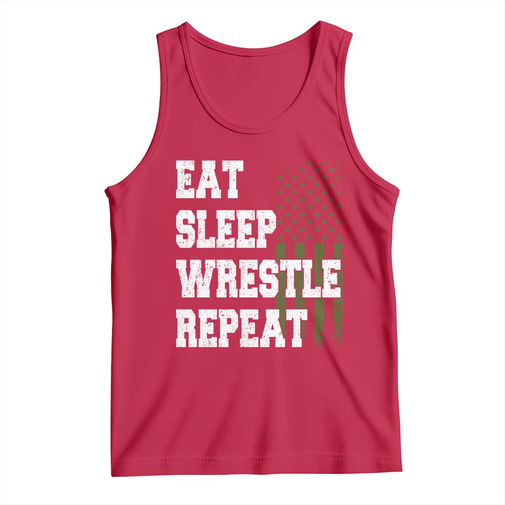 Eat Sleep Wrestle Repeat Tank Top Funny Wrestling Gym American Flag TS10 Red Print Your Wear