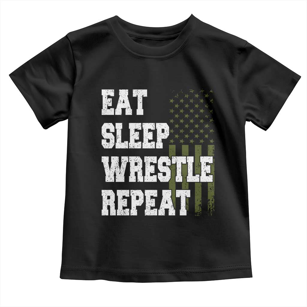 Eat Sleep Wrestle Repeat Toddler T Shirt Funny Wrestling Gym American Flag TS10 Black Print Your Wear