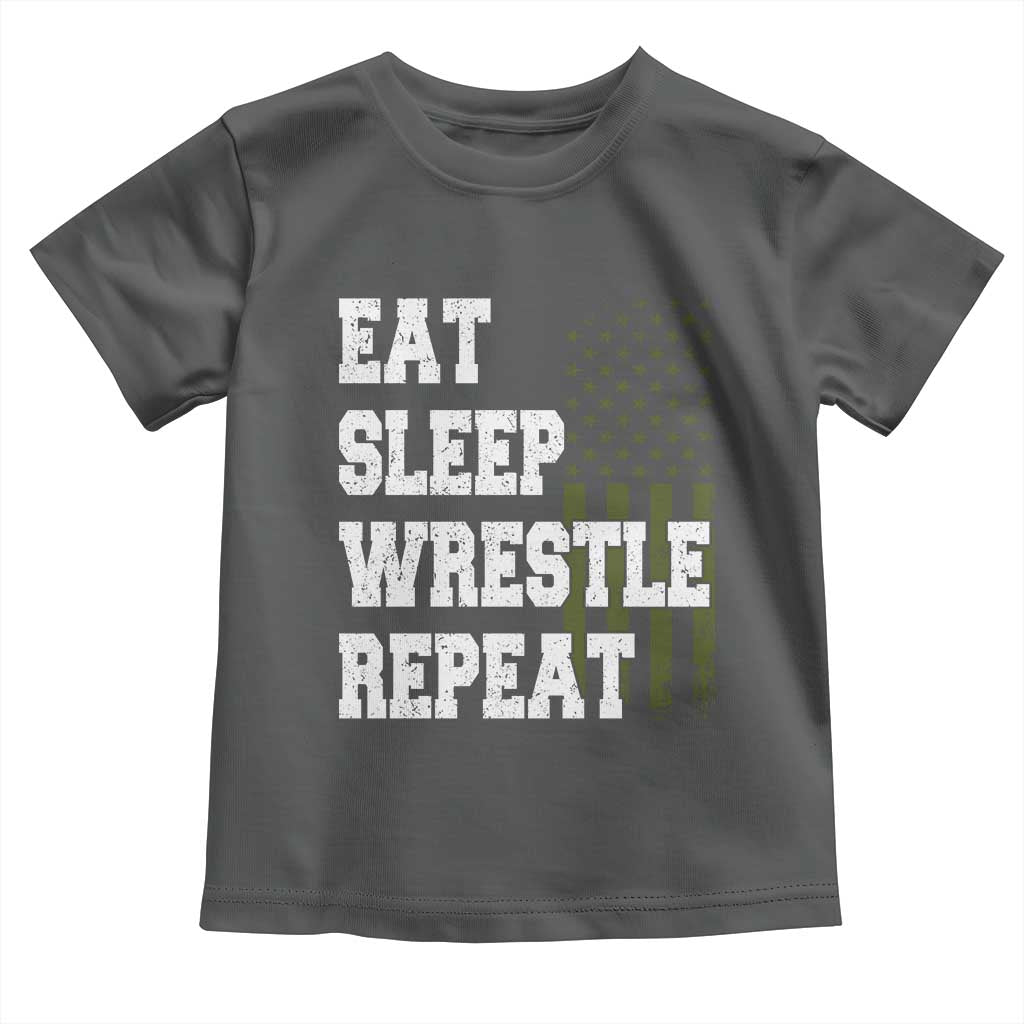Eat Sleep Wrestle Repeat Toddler T Shirt Funny Wrestling Gym American Flag TS10 Dark Heather Print Your Wear