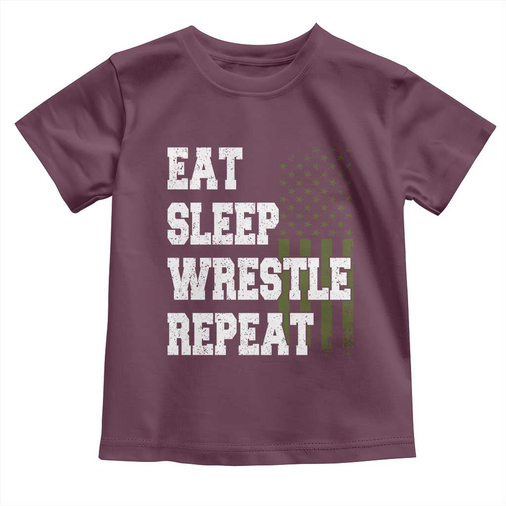 Eat Sleep Wrestle Repeat Toddler T Shirt Funny Wrestling Gym American Flag TS10 Maroon Print Your Wear