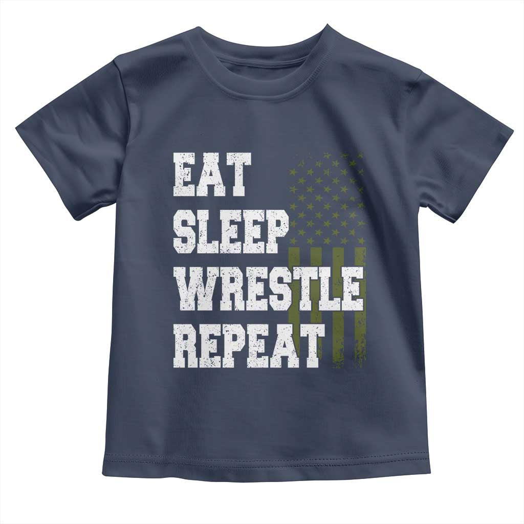 Eat Sleep Wrestle Repeat Toddler T Shirt Funny Wrestling Gym American Flag TS10 Navy Print Your Wear