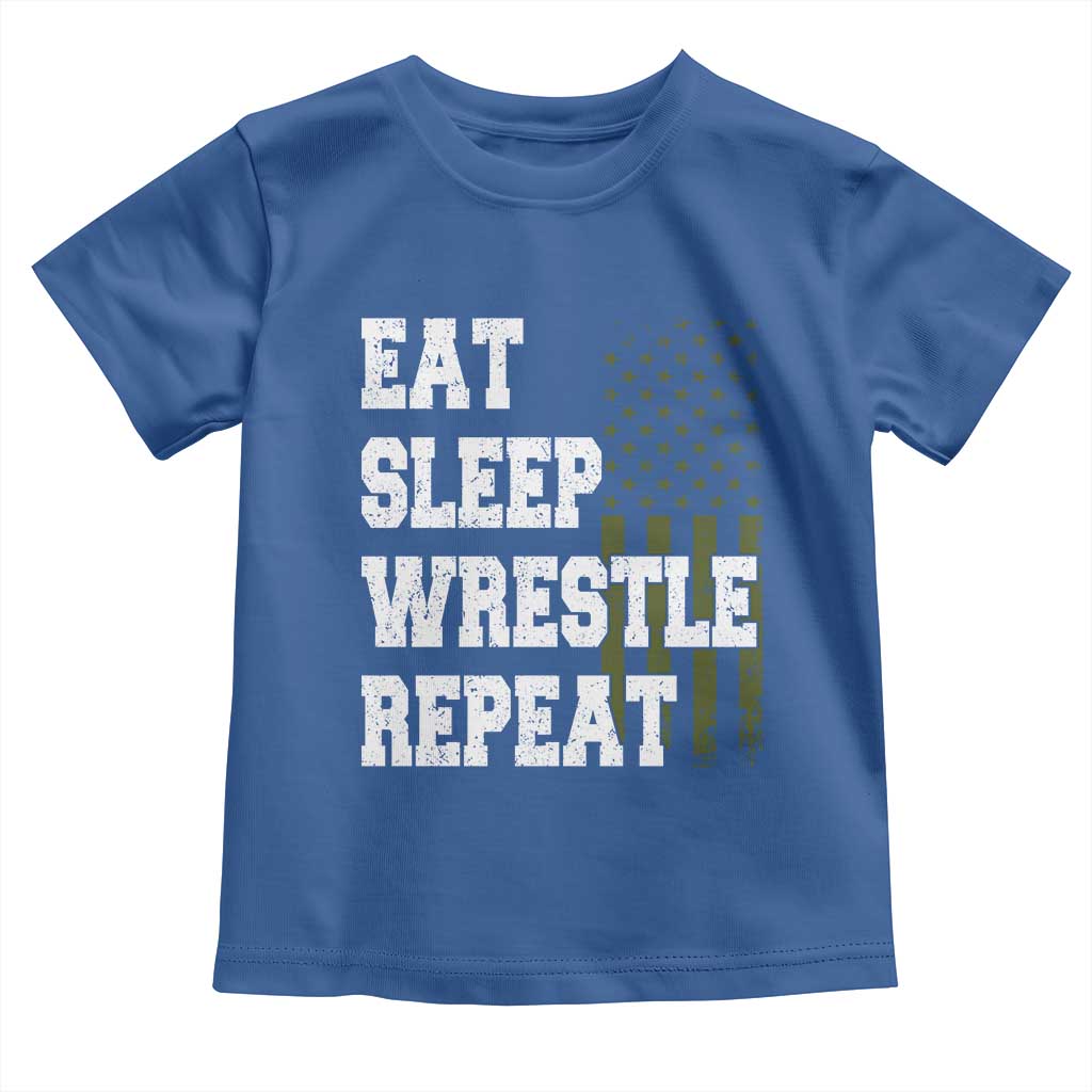 Eat Sleep Wrestle Repeat Toddler T Shirt Funny Wrestling Gym American Flag TS10 Royal Blue Print Your Wear
