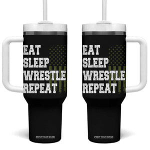 Eat Sleep Wrestle Repeat Tumbler With Handle Funny Wrestling Gym American Flag TS10 One Size: 40 oz Black Print Your Wear