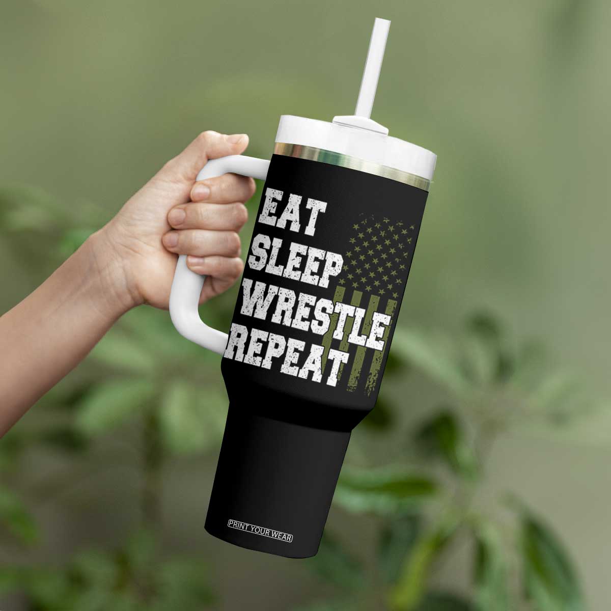 Eat Sleep Wrestle Repeat Tumbler With Handle Funny Wrestling Gym American Flag TS10 Print Your Wear
