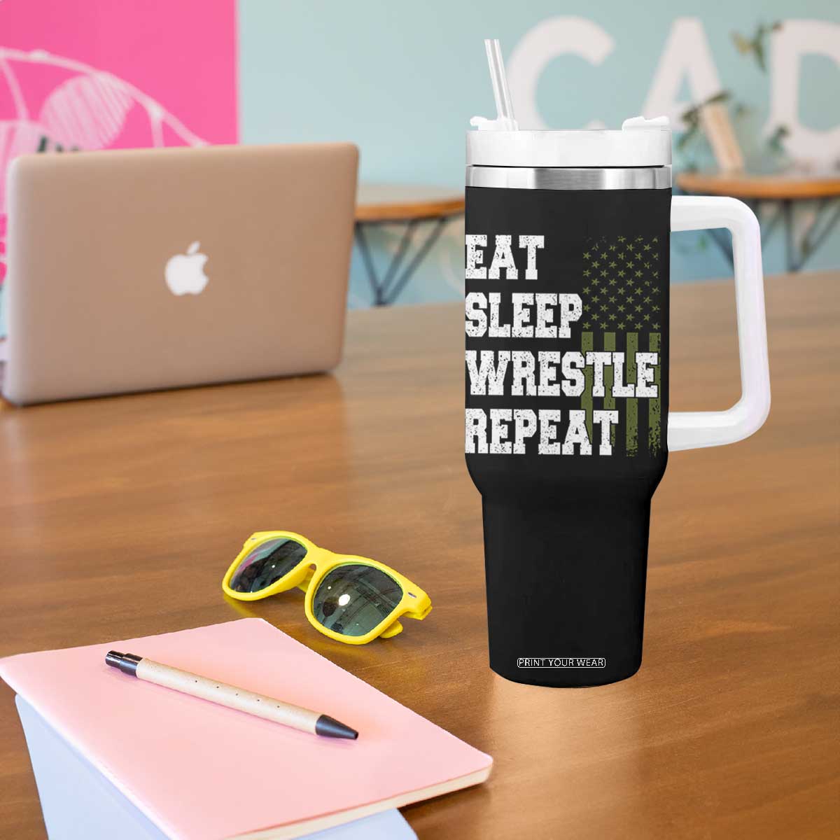 Eat Sleep Wrestle Repeat Tumbler With Handle Funny Wrestling Gym American Flag TS10 Print Your Wear
