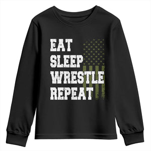 Eat Sleep Wrestle Repeat Youth Sweatshirt Funny Wrestling Gym American Flag TS10 Black Print Your Wear