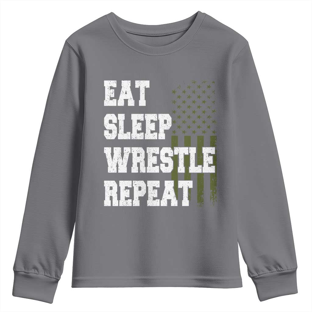 Eat Sleep Wrestle Repeat Youth Sweatshirt Funny Wrestling Gym American Flag TS10 Charcoal Print Your Wear