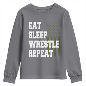 Eat Sleep Wrestle Repeat Youth Sweatshirt Funny Wrestling Gym American Flag TS10 Charcoal Print Your Wear