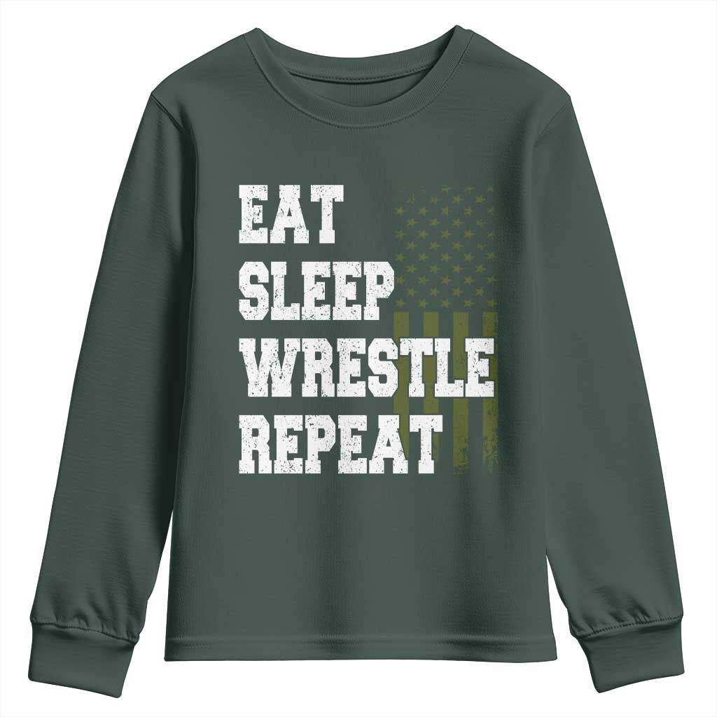 Eat Sleep Wrestle Repeat Youth Sweatshirt Funny Wrestling Gym American Flag TS10 Dark Forest Green Print Your Wear