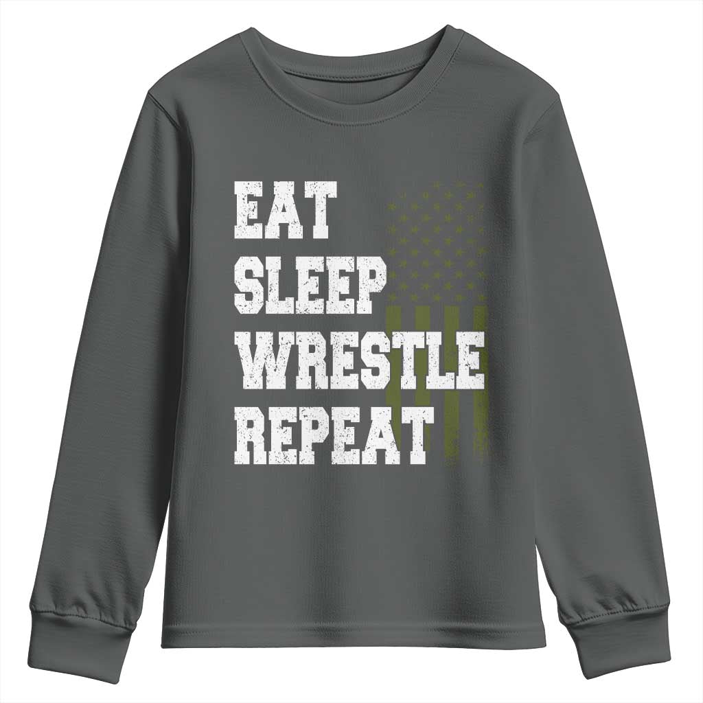 Eat Sleep Wrestle Repeat Youth Sweatshirt Funny Wrestling Gym American Flag TS10 Dark Heather Print Your Wear