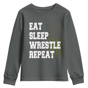 Eat Sleep Wrestle Repeat Youth Sweatshirt Funny Wrestling Gym American Flag TS10 Dark Heather Print Your Wear