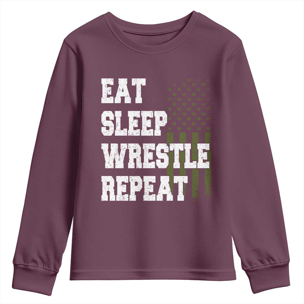 Eat Sleep Wrestle Repeat Youth Sweatshirt Funny Wrestling Gym American Flag TS10 Maroon Print Your Wear