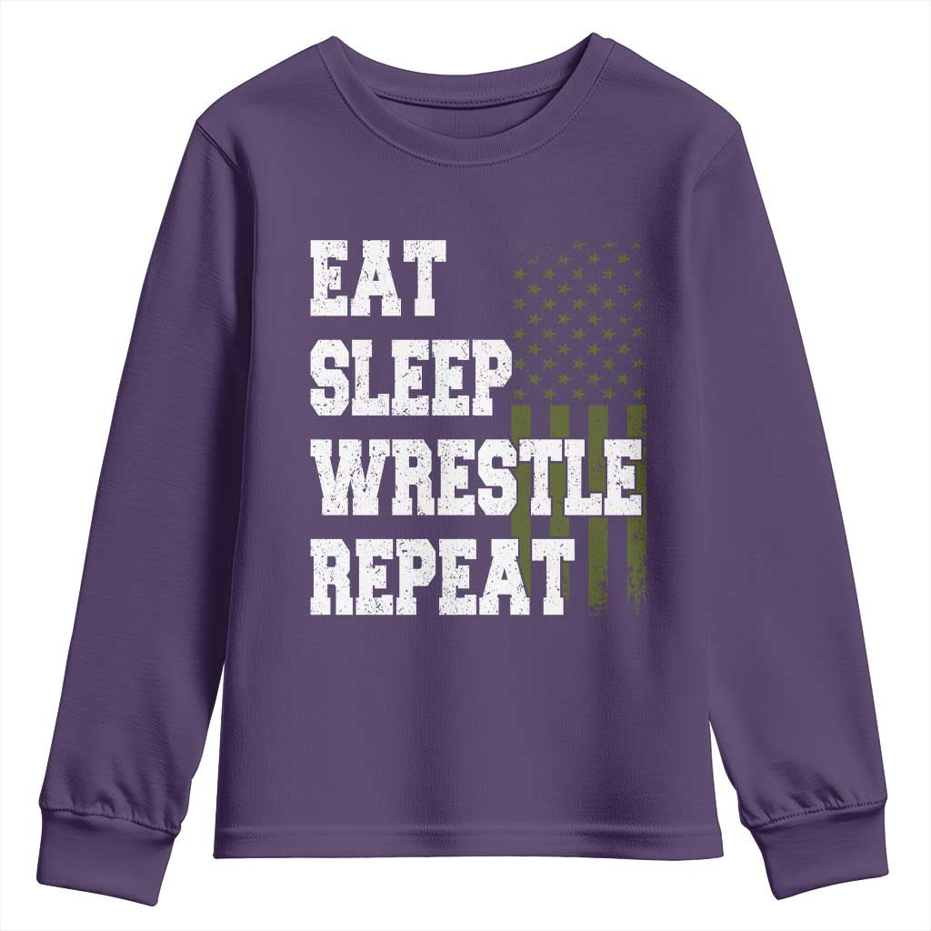 Eat Sleep Wrestle Repeat Youth Sweatshirt Funny Wrestling Gym American Flag TS10 Purple Print Your Wear