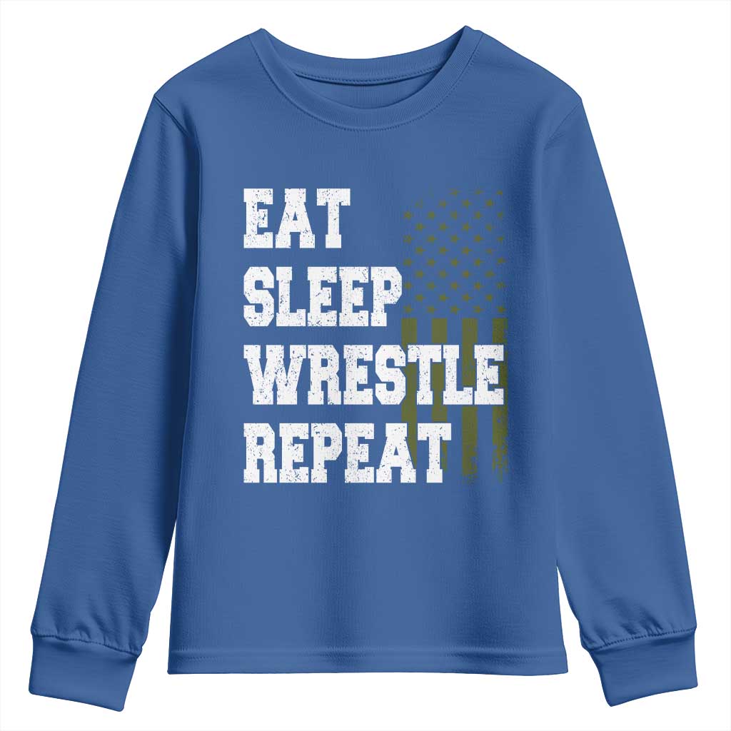 Eat Sleep Wrestle Repeat Youth Sweatshirt Funny Wrestling Gym American Flag TS10 Royal Blue Print Your Wear