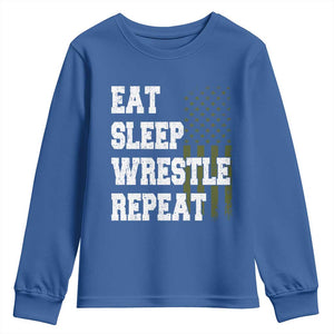 Eat Sleep Wrestle Repeat Youth Sweatshirt Funny Wrestling Gym American Flag TS10 Royal Blue Print Your Wear