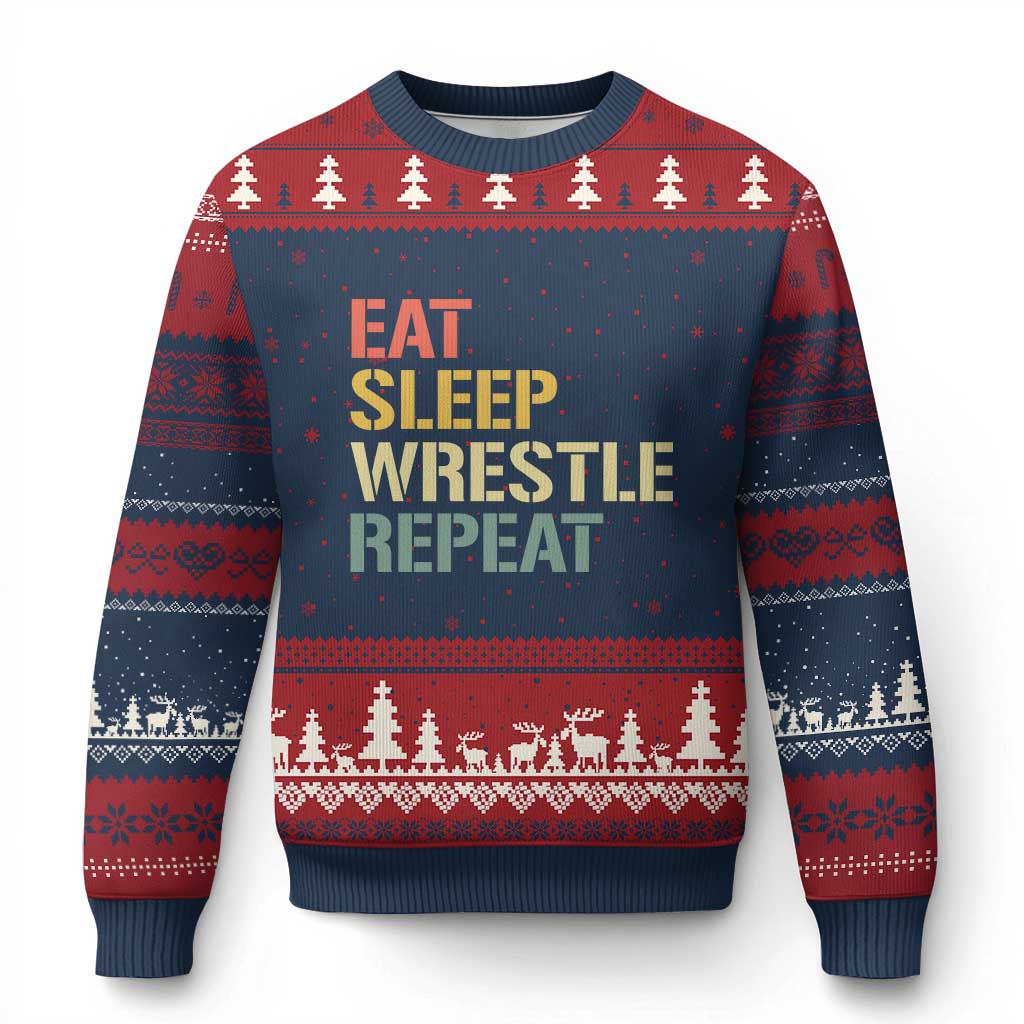 Eat Sleep Wrestle Repeat Ugly Christmas Sweater Cool Wrestling TS10 Navy Red Print Your Wear