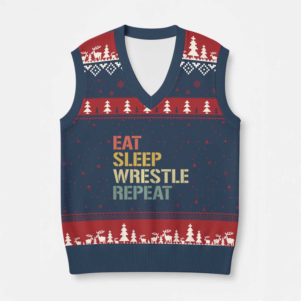 Eat Sleep Wrestle Repeat V-Neck Knit Sweater Vest Cool Wrestling TS10 Navy Red Print Your Wear