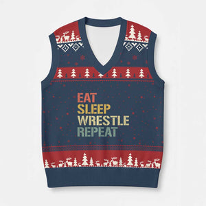 Eat Sleep Wrestle Repeat V-Neck Knit Sweater Vest Cool Wrestling TS10 Navy Red Print Your Wear
