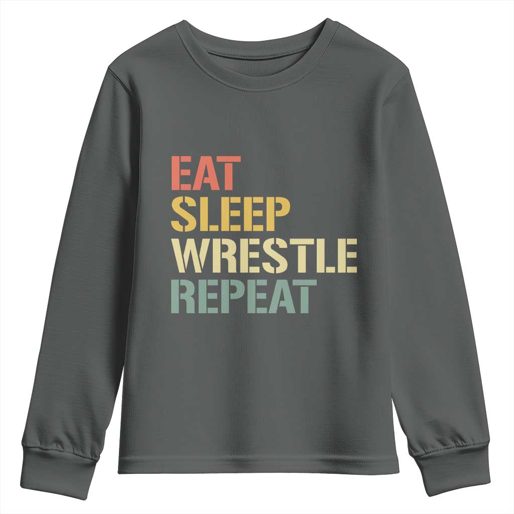 Eat Sleep Wrestle Repeat Youth Sweatshirt Cool Wrestling TS10 Dark Heather Print Your Wear