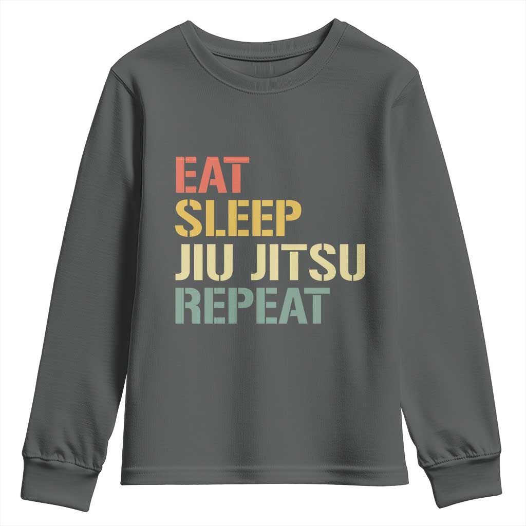 Retro Eat Sleep Jiu Jitsu Repeat Youth Sweatshirt Vintage JiuJitsu BJJ TS10 Dark Heather Print Your Wear