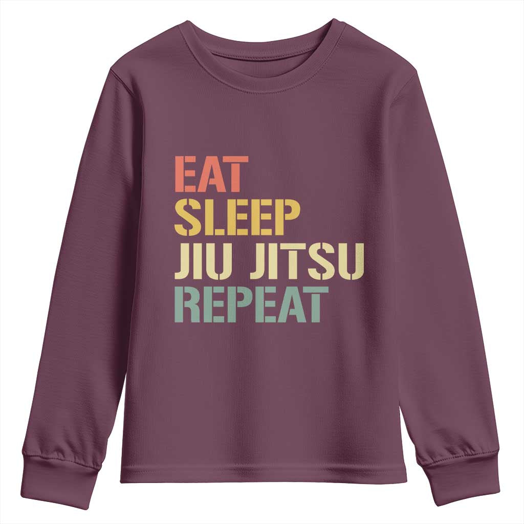 Retro Eat Sleep Jiu Jitsu Repeat Youth Sweatshirt Vintage JiuJitsu BJJ TS10 Maroon Print Your Wear