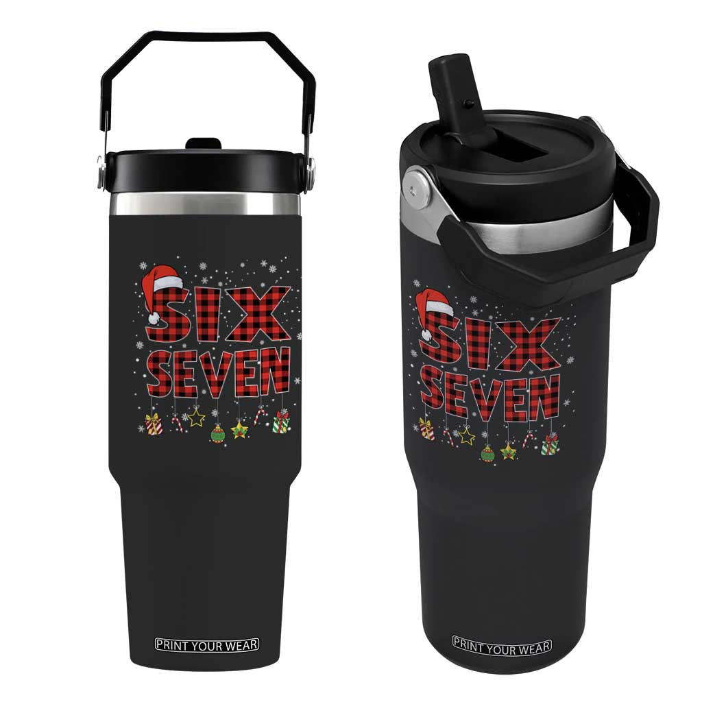 Funny Six Seven Christmas Flip Straw Tumbler 67 Meme Gen Alpha Slang Red Plaid Xmas Pajamas TS10 One Size: 30 oz Black Print Your Wear