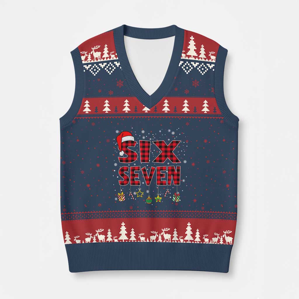 Funny Six Seven Xmas V-Neck Knit Sweater Vest 67 Meme Gen Alpha Slang Red Plaid Xmas Pajamas TS10 Navy Red Print Your Wear