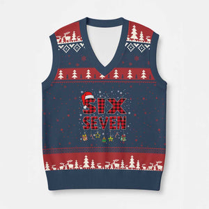 Funny Six Seven Xmas V-Neck Knit Sweater Vest 67 Meme Gen Alpha Slang Red Plaid Xmas Pajamas TS10 Navy Red Print Your Wear