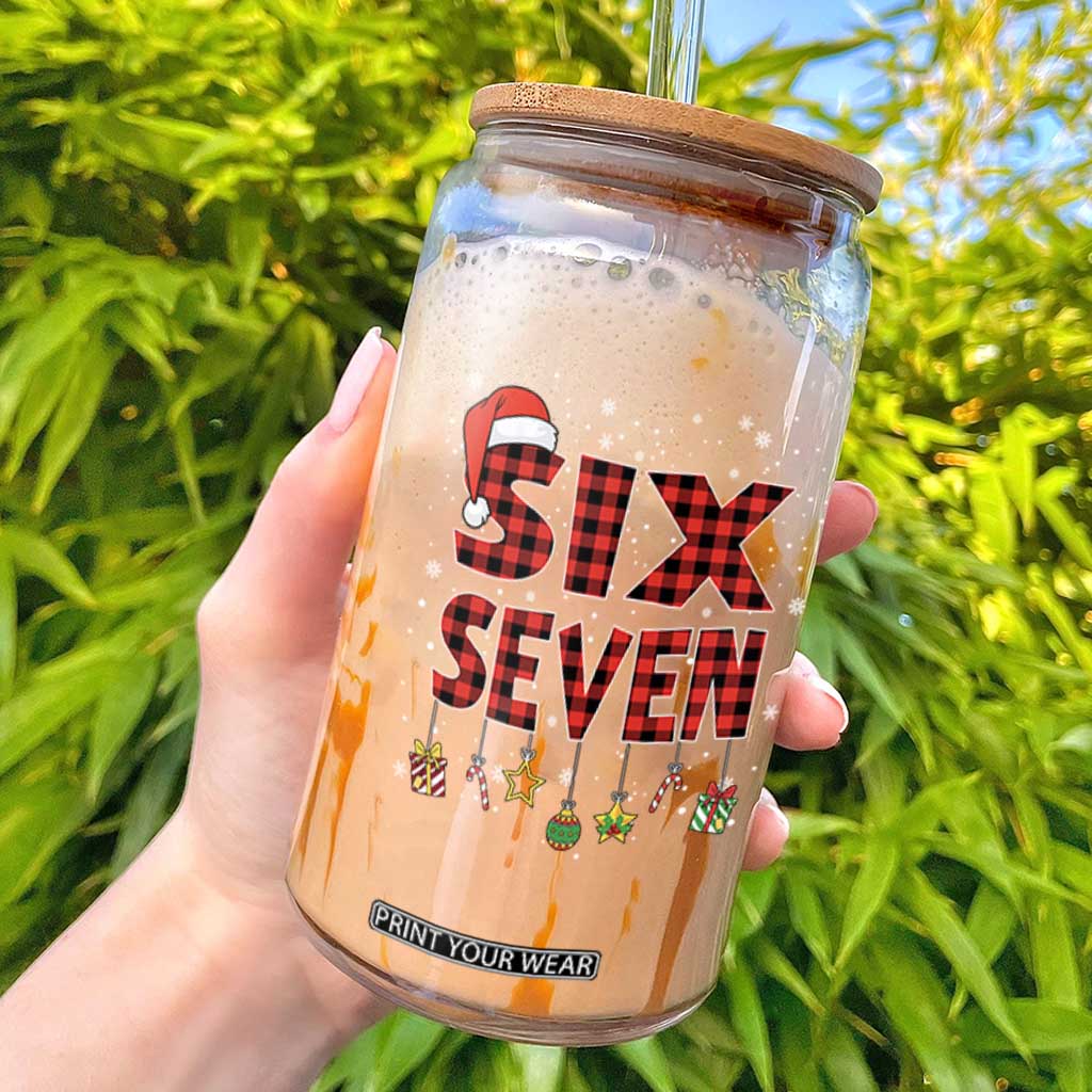 Funny Six Seven Christmas Glass Can 67 Meme Gen Alpha Slang Red Plaid Xmas Pajamas TS10 Black Print Your Wear