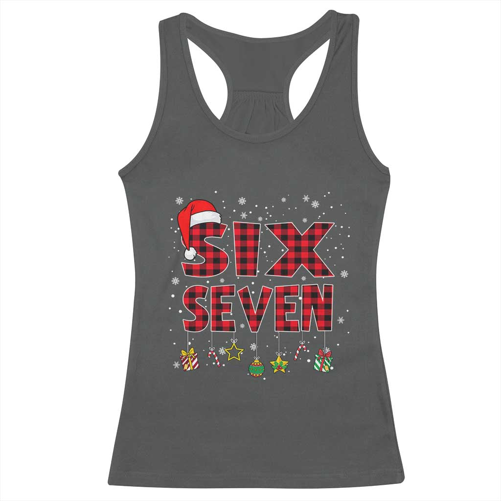 Funny Six Seven Christmas Racerback Tank Top 67 Meme Gen Alpha Slang Red Plaid Xmas Pajamas TS10 Dark Heather Print Your Wear