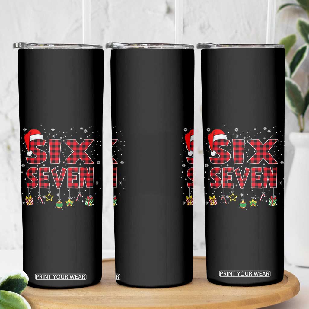 Funny Six Seven Christmas Skinny Tumbler 67 Meme Gen Alpha Slang Red Plaid Xmas Pajamas TS10 Print Your Wear