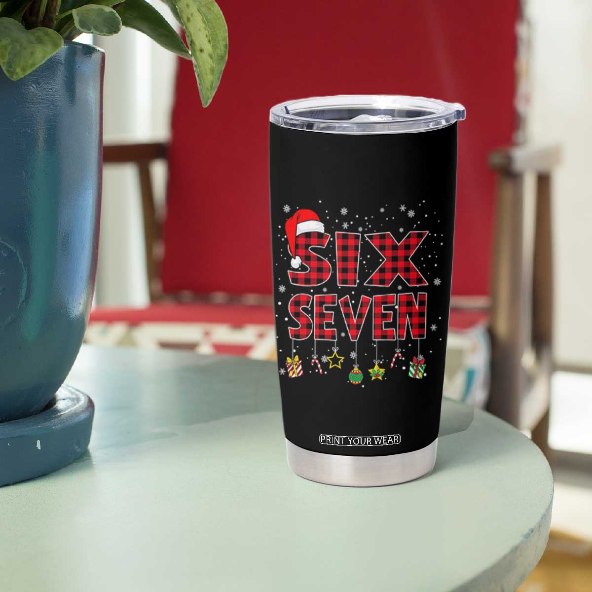 Funny Six Seven Christmas Tumbler Cup 67 Meme Gen Alpha Slang Red Plaid Xmas Pajamas TS10 Print Your Wear