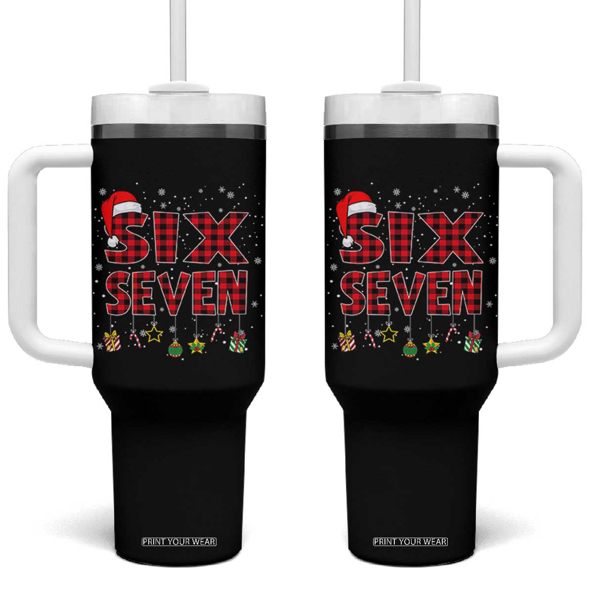 Funny Six Seven Christmas Tumbler With Handle 67 Meme Gen Alpha Slang Red Plaid Xmas Pajamas - Print Your Wear