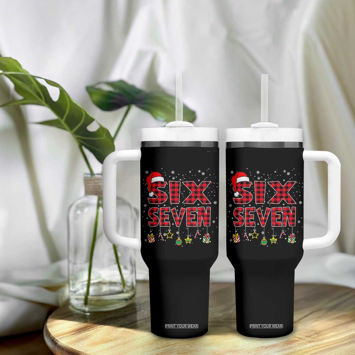 Funny Six Seven Christmas Tumbler With Handle 67 Meme Gen Alpha Slang Red Plaid Xmas Pajamas TS10 Print Your Wear