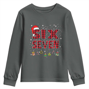 Funny Six Seven Christmas Youth Sweatshirt 67 Meme Gen Alpha Slang Red Plaid Xmas Pajamas TS10 Dark Heather Print Your Wear