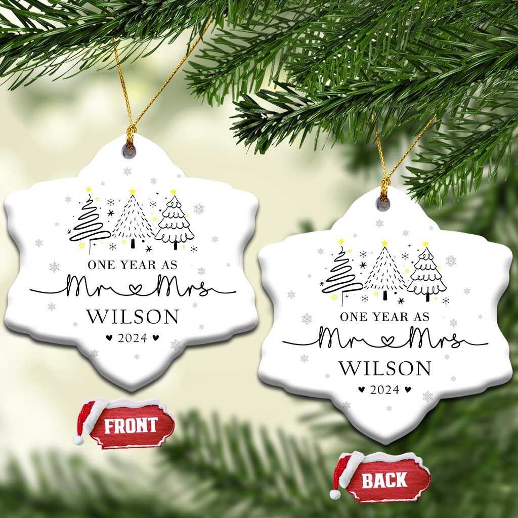 Personalized First Wedding Anniversary Christmas Ornament Custom Name One Year As Mr & Mrs TS10 Snow Flake White Print Your Wear