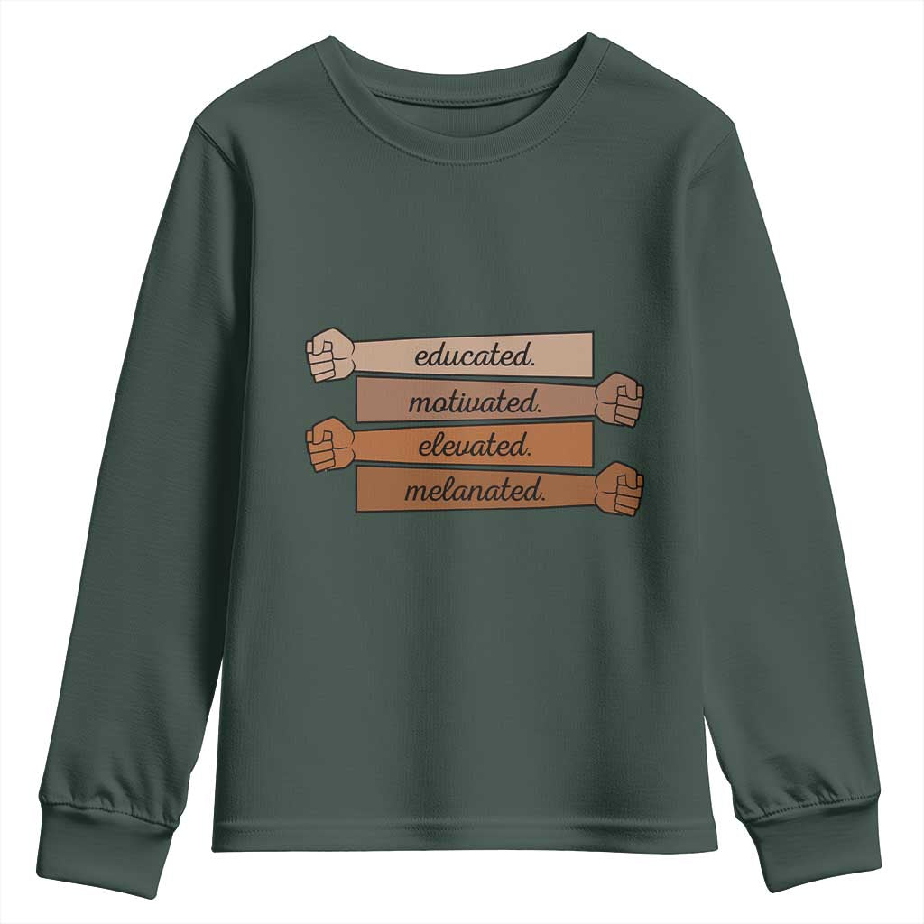 Black Pride Youth Sweatshirt Educated Motivated Elevated Melanated BLM Melanin TS10 Dark Forest Green Print Your Wear