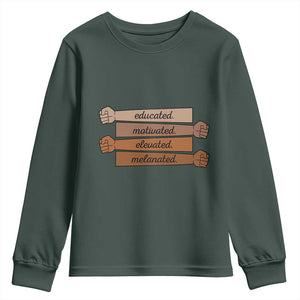 Black Pride Youth Sweatshirt Educated Motivated Elevated Melanated BLM Melanin TS10 Dark Forest Green Print Your Wear