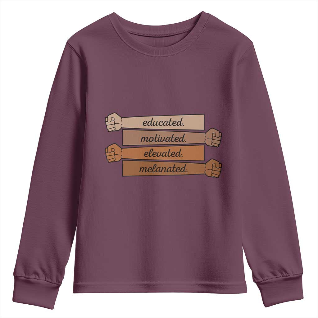 Black Pride Youth Sweatshirt Educated Motivated Elevated Melanated BLM Melanin TS10 Maroon Print Your Wear