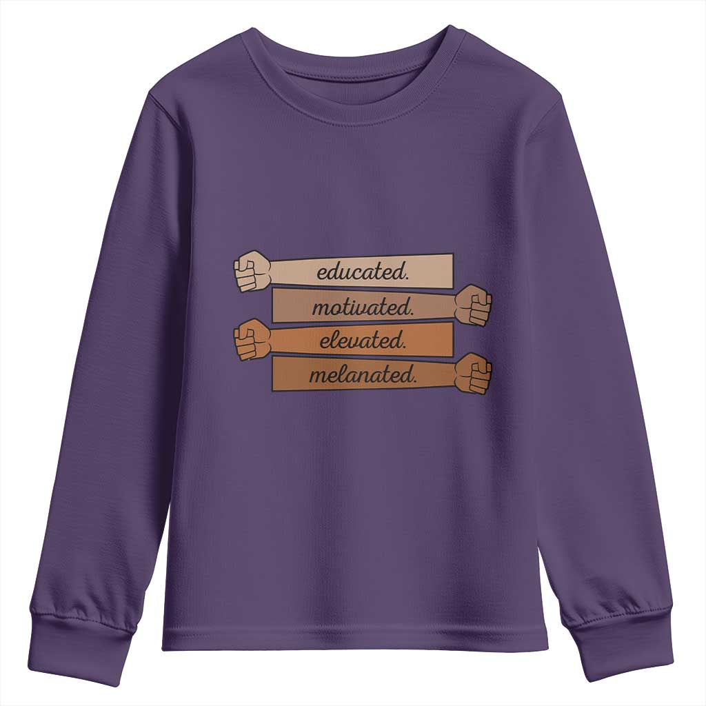Black Pride Youth Sweatshirt Educated Motivated Elevated Melanated BLM Melanin TS10 Purple Print Your Wear