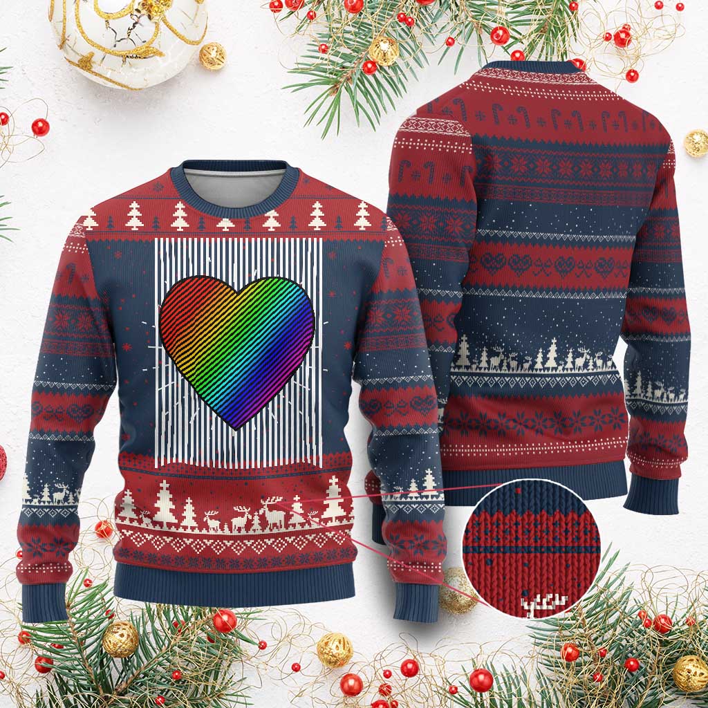 LGBT Pride Knit Sweatshirt LGBTQ Support Retro Valentines Rainbow Heart - Print Your Wear