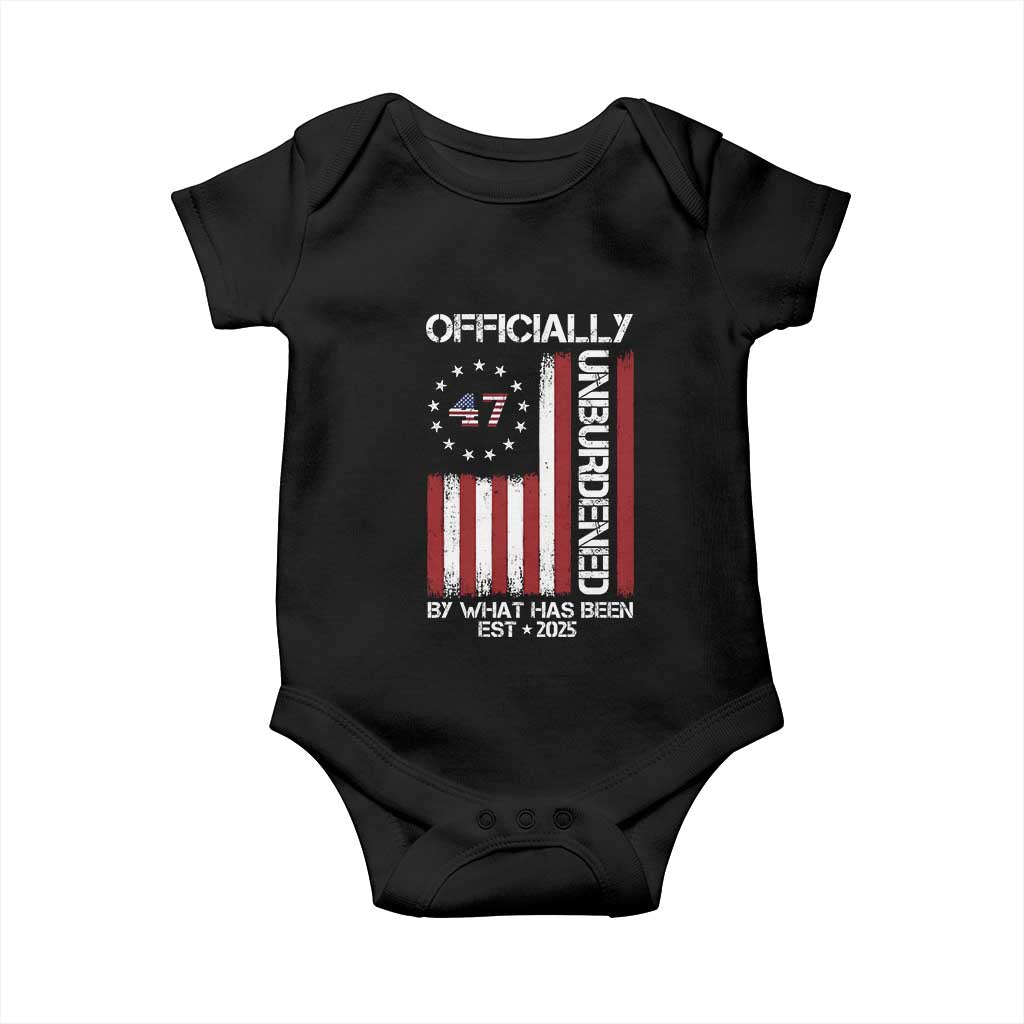 President Donald Trump Baby Onesie Officially Unburdened By What Has Been 2025 47Th Usa Flag TS10 Black Print Your Wear