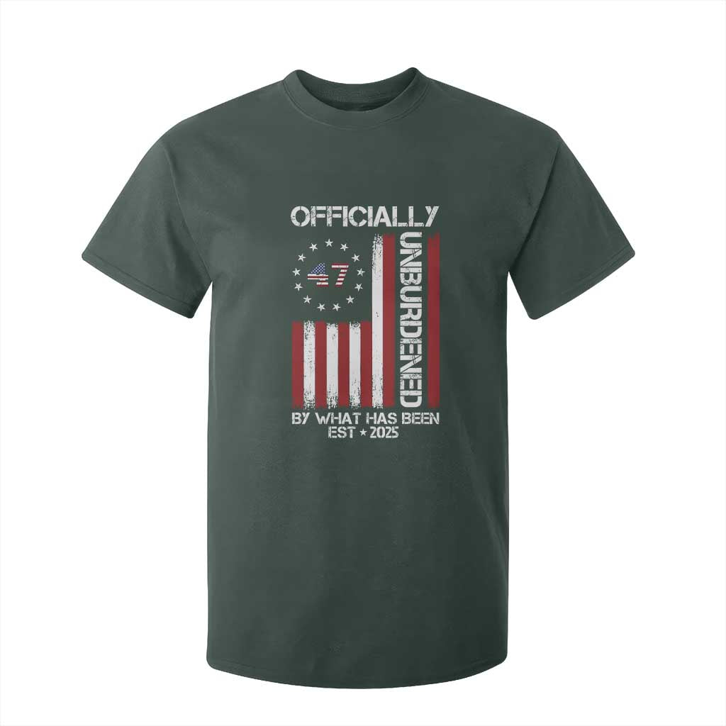 President Donald Trump T Shirt For Kid Officially Unburdened By What Has Been 2025 47Th Usa Flag TS10 Dark Forest Green Print Your Wear