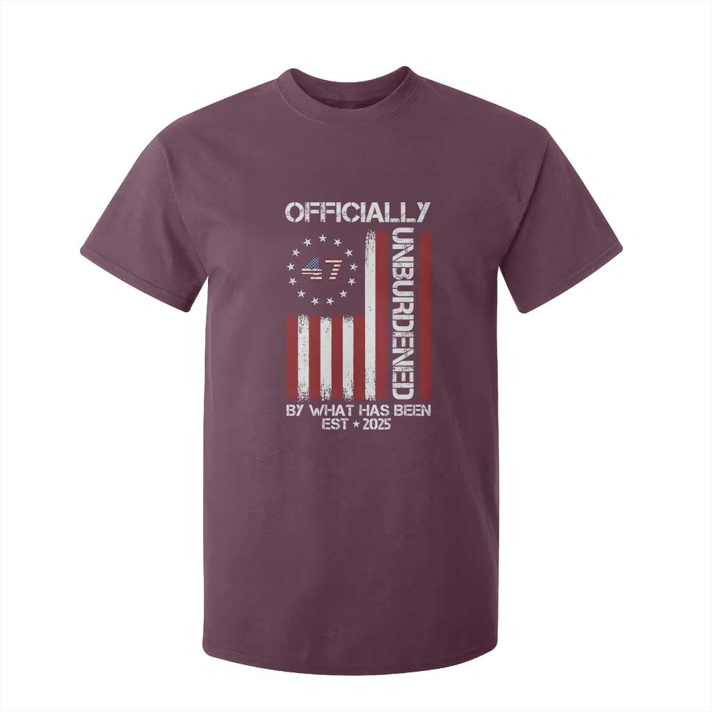 President Donald Trump T Shirt For Kid Officially Unburdened By What Has Been 2025 47Th Usa Flag TS10 Maroon Print Your Wear