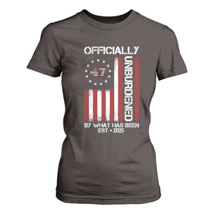 President Donald Trump T Shirt For Women Officially Unburdened By What Has Been 2025 47Th Usa Flag TS10 Dark Chocolate Print Your Wear