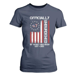 President Donald Trump T Shirt For Women Officially Unburdened By What Has Been 2025 47Th Usa Flag TS10 Navy Print Your Wear